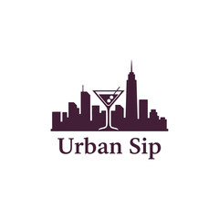 A cityscape silhouette with a martini glass icon, representing urban cocktails. Text appears beneath