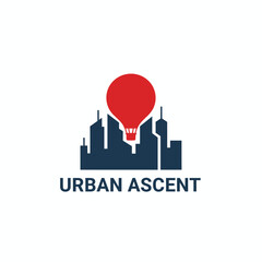 A logo illustrating a red hot air balloon above a stylized cityscape, navy and red