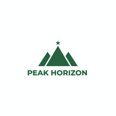 A minimal graphic of green mountains with a star on top, text underneath, all on a white background