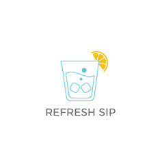 A refreshing drink logo design with a glass, ice cubes, a lemon slice, and the words "Refresh Sip