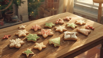 Festive christmas cookies beautifully arranged on a rustic wooden table top