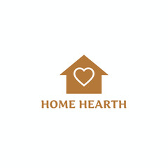 A home icon with a heart, and text that says "HOME HEARTH" in a warm, earthy tone