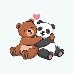 Cute cartoon brown bear and panda hugging with pink heart above on white background.