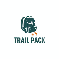 Illustration of a teal backpack and orange footprints, with "Trail Pack" text below