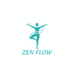 A teal silhouette of a person balancing with arms outstretched, swirls around, and text below