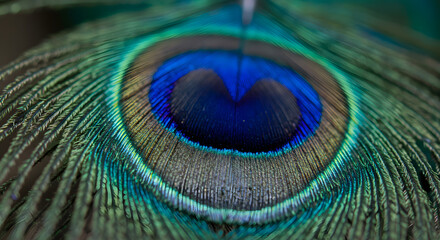 Obraz premium Close-up reveals the intricate details of a vibrant peacock feather, showcasing its iridescent blues and greens with a depth of field that highlights textures and creates a captivating, abstract