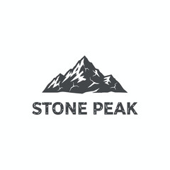 A grayscale logo features mountain peaks above weathered text on a white background