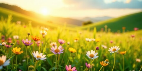 Fototapeta premium Golden hour illuminates a vibrant meadow bursting with wildflowers, showcasing the beauty of nature's colorful tapestry under a warm sunset sky.