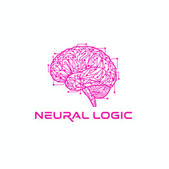 A pink brain illustration with circuit-like elements, accompanied by text below "NEURAL LOGIC