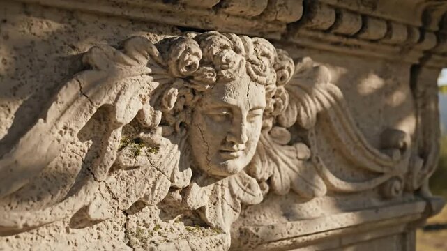 Close-up of an ancient weathered stone carving depicting a classical face with ornate foliage details.