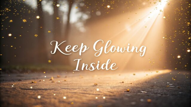 Inspirational message of inner light and positivity with sun rays shining through trees and sparkling stars in the background