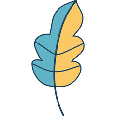 A stylized leaf illustration in teal and golden yellow with a dark blue outline on a transparent background.
