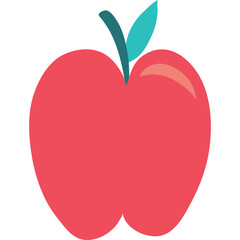 A stylized red apple with a teal stem and leaf against a transparent background representing healthy food and nutrition concepts