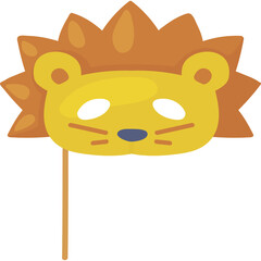 A stylized lion mask with a yellow face and orange mane held on a thin stick against a transparent background ideal for children's parties or costume events