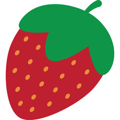 A Stylized Red Strawberry with Green Leaf and Orange Seeds on a Transparent Background Simple Fruit Illustration