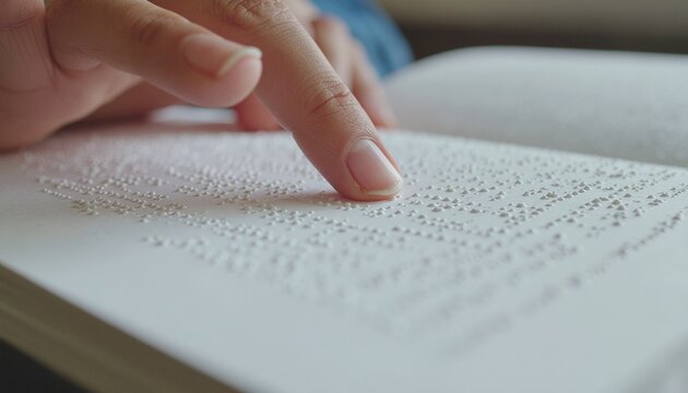 Closeup of Finger Reading Braille on White Page. - Powered by Adobe