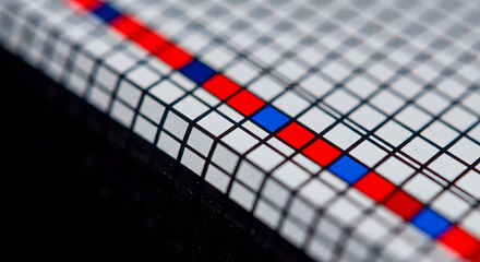 Close-up abstract of a grid pattern with white squares and dark lines, featuring a vibrant red and blue stripe running diagonally across the surface, creating depth and optical illusion.