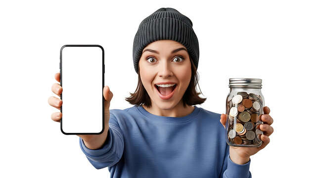 Excited Woman Presenting Smartphone Blank Screen and Full Money Jar Digital Savings Financial Growth