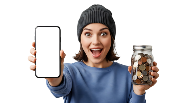 Excited Woman Presenting Smartphone Blank Screen and Full Money Jar Digital Savings Financial Growth