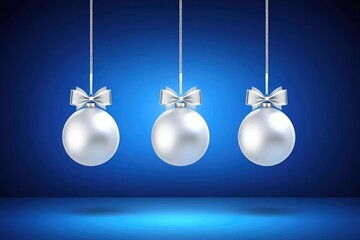 Three white Christmas ornaments with silver bows hanging on strings against blue background for elegant holiday decoration, festive greeting cards, and winter-themed design projects