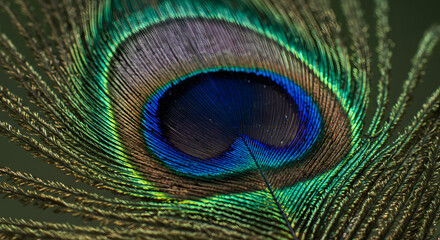 Obraz premium Detailed macro shot showcasing the iridescent colors and intricate textures of a single peacock feather, emphasizing its vibrant blue, green, and gold hues with a shallow depth of field, highlighting