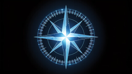 Blue Neon Compass Rose with Starburst and Digital Grid on Black navigation direction