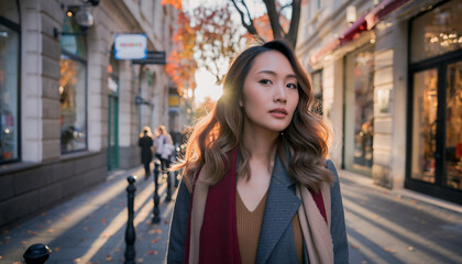 Candid shot of a fashionable woman with natural makeup and wavy hair, walking on a crosswalk or near boutique shops. Autumn tones, cozy outfit, city charm — representing everyday elegance.