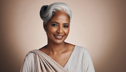 A well-groomed mature woman with styled gray hair, wearing simple elegant clothes, smiling confidently at the camera. Clean background, professional lighting — concept of timeless beauty and dignity.