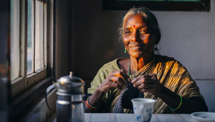 An elderly woman with gentle eyes sitting by the window, smiling warmly while knitting or sipping tea. Soft indoor lighting, calm atmosphere — representing peace, contentment, and emotional warmth.