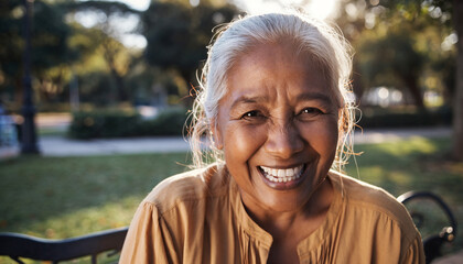Close-up portrait of a beautiful older woman laughing under warm sunlight in a park. Natural wrinkles, silver hair shining, joyful expression symbolizing wisdom, happiness, and the beauty of aging 