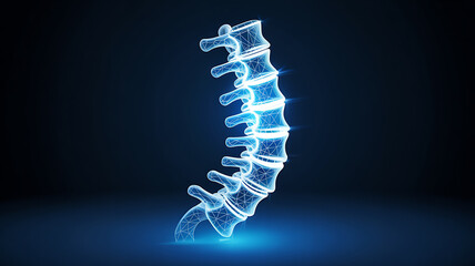 Blue Wireframe Human Spine Model with Glowing Vertebrae on Dark anatomy medical