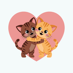 Two cartoon kittens hugging in front of a large pink heart shape on a white background.