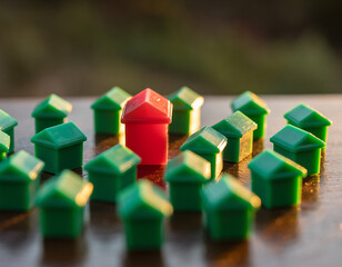 Red Monopoly House Among Green Houses – Real Estate Concept