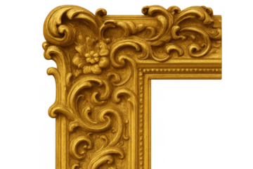 Golden ornate picture frame corner featuring intricate baroque style carving with floral design, transparent background