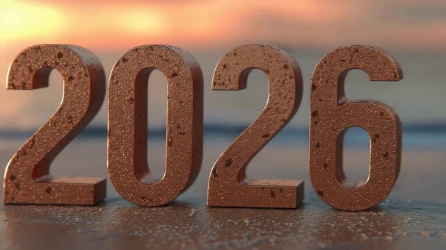 海上の朝光を受けるスラブセリフ体「2026」を重厚な質感で表現