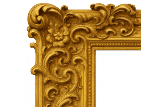 Golden ornate picture frame corner featuring intricate baroque style carving with floral design, transparent background