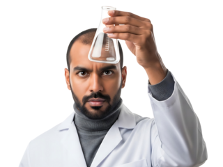 Male Scientist Examining Laboratory Flask Experiment With Serious Concentration