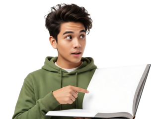 Young Asian Man Pointing Blank Open Book Surprised Expression Discovery Learning Education Information