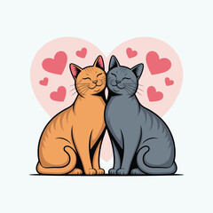 Two cartoon cats orange and grey snuggled together with pink hearts floating behind them couple love vector illustration.