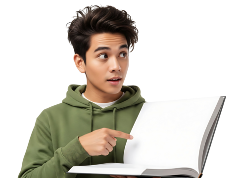 Young Asian Man Pointing Blank Open Book Surprised Expression Discovery Learning Education Information