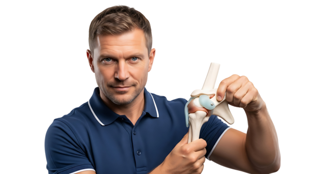 Professional Physician Explaining Human Knee Joint Anatomy Model Medical Education