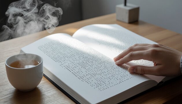 Hand reading Braille book steaming tea on wooden table emphasizing accessibility.