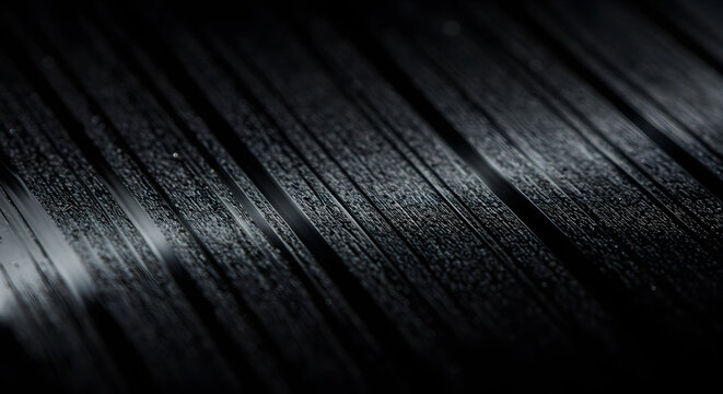 A close-up shot reveals the intricate grooves of a vinyl record, captured in a dramatic, oblique angle with light playing across its surface, showcasing its texture and monochrome aesthetic, evoking