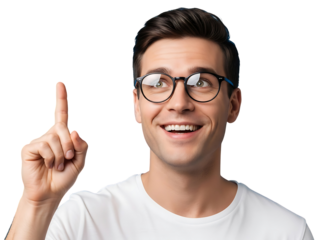 Happy Young Man with Glasses Pointing Upward Expressing Great Idea Solution Insight
