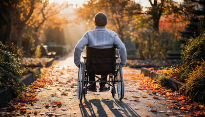 Person in Wheelchair on Autumn Path Back View.