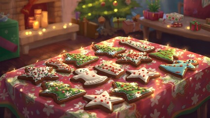 Festive Christmas Cookies on a Table with Decorated Tree and Fireplace backdrop