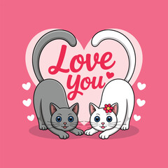 Two cute cartoon cats grey and white with blue eyes and pink hearts background saying love you kitten vector illustration.