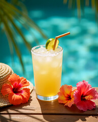 Refreshing tropical drink by the pool with lime and hibiscus flower in summer sunlight