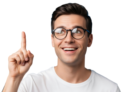 Happy Young Man with Glasses Pointing Upward Expressing Great Idea Solution Insight