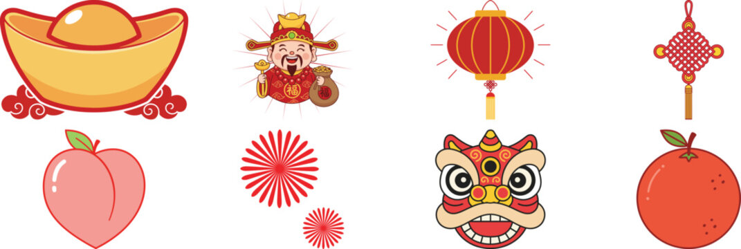  Vibrant Cartoon Chinese New Year Element Set with Traditional Symbols Vector